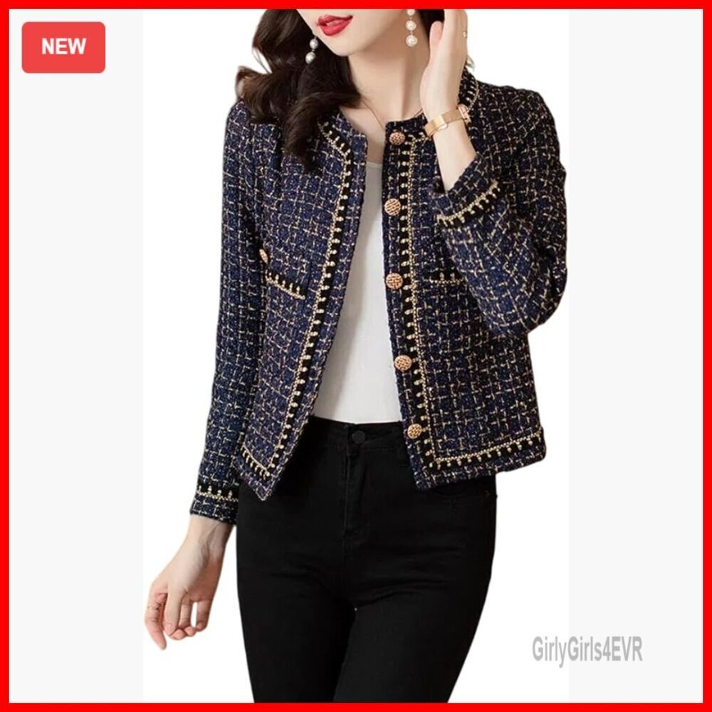 Tweed Blazer Jacket Long Sleeve Business Casual Round Neck Coat